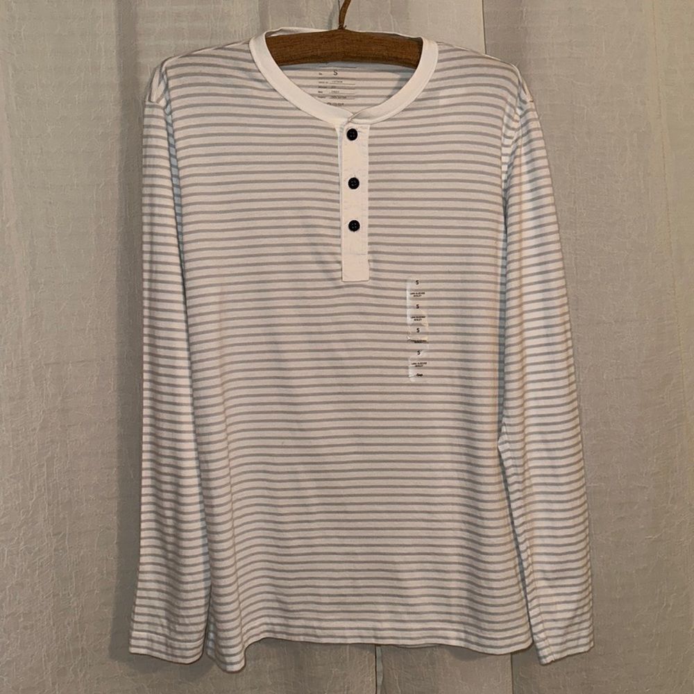 GAP S White Gray Striped Cotton Three Button Long Sleeve Henley